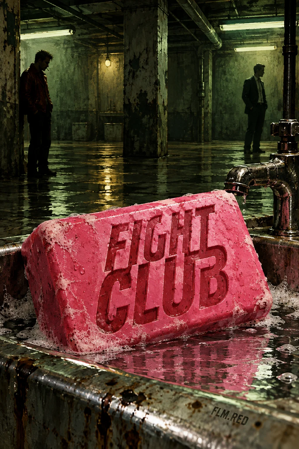 Illustrated Fight Club cover with pink soap in a basement and FLM.RED.