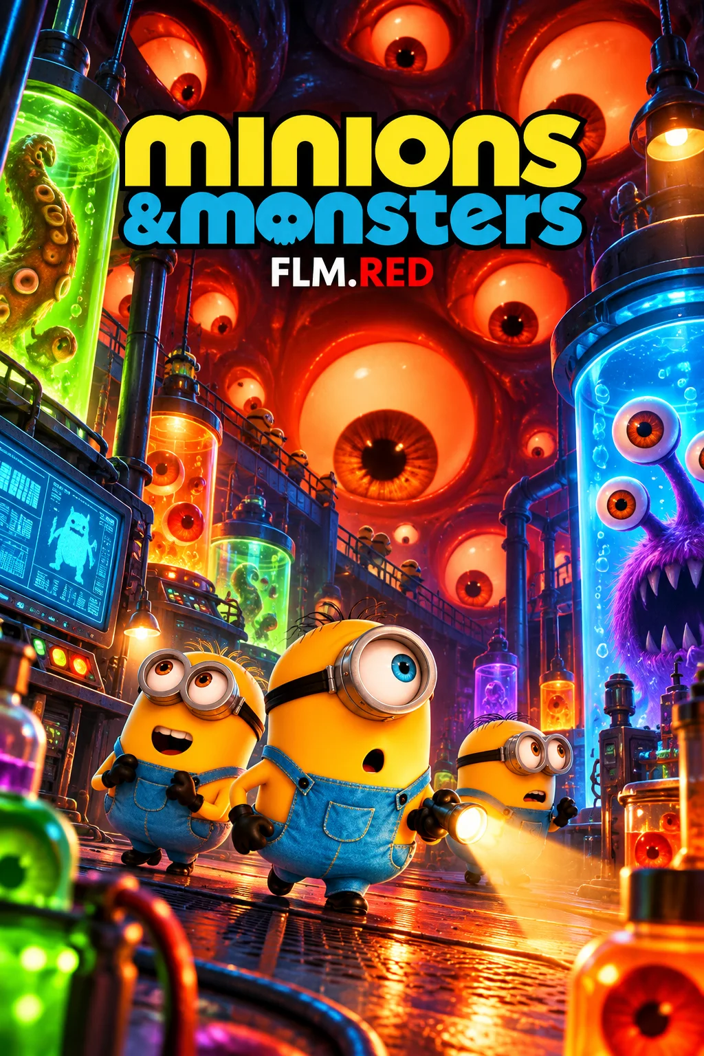 Illustrated Minions exploring a monster-filled space, with the film title and FLM.RED.