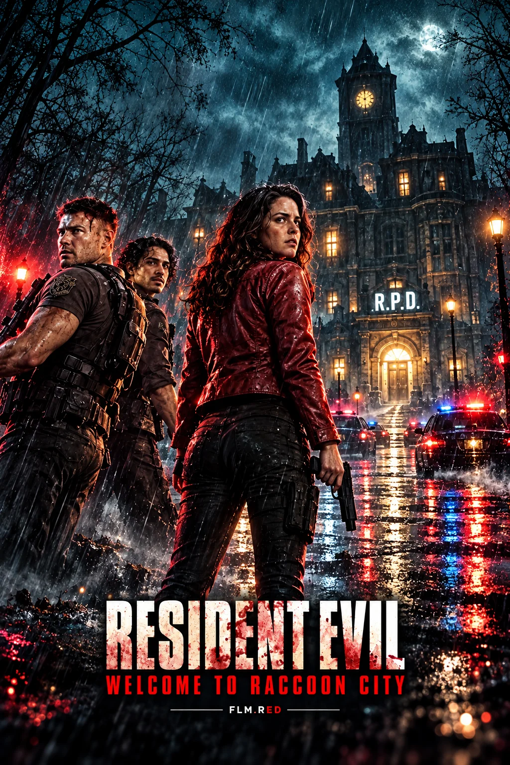 ภาพปกวาดสำหรับ Resident Evil: Welcome to Raccoon City พร้อมชื่อเรื่องและ FLM.RED