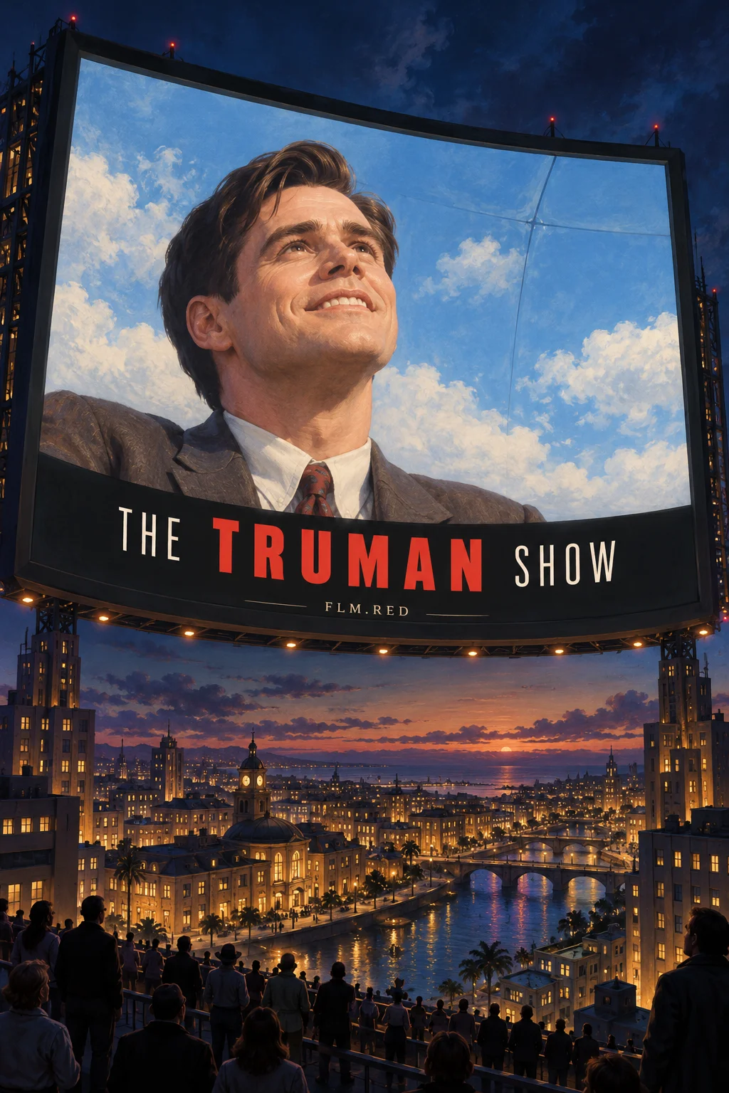 Illustrated The Truman Show cover with a man on a giant screen above a city and FLM.RED.